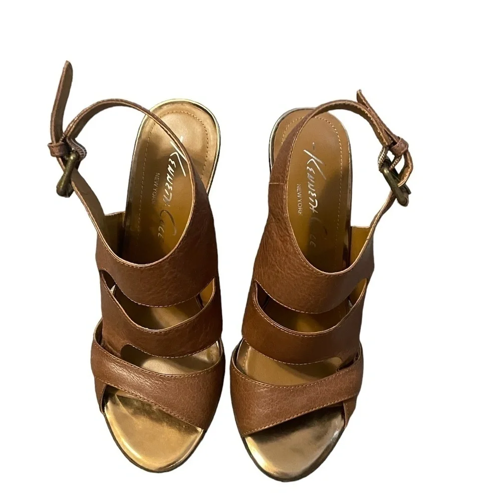 KENNETH COLE NY LEATHER BEIGE/LIGHT TAN PEEP TOE WEDGE HEEL WOMEN'S SZ 7.5M